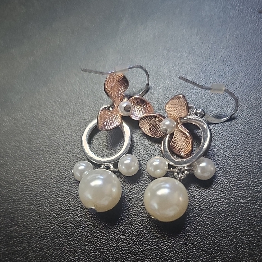 Pearl Drop Floral Dangle Earrings in Silver and Rose Gold